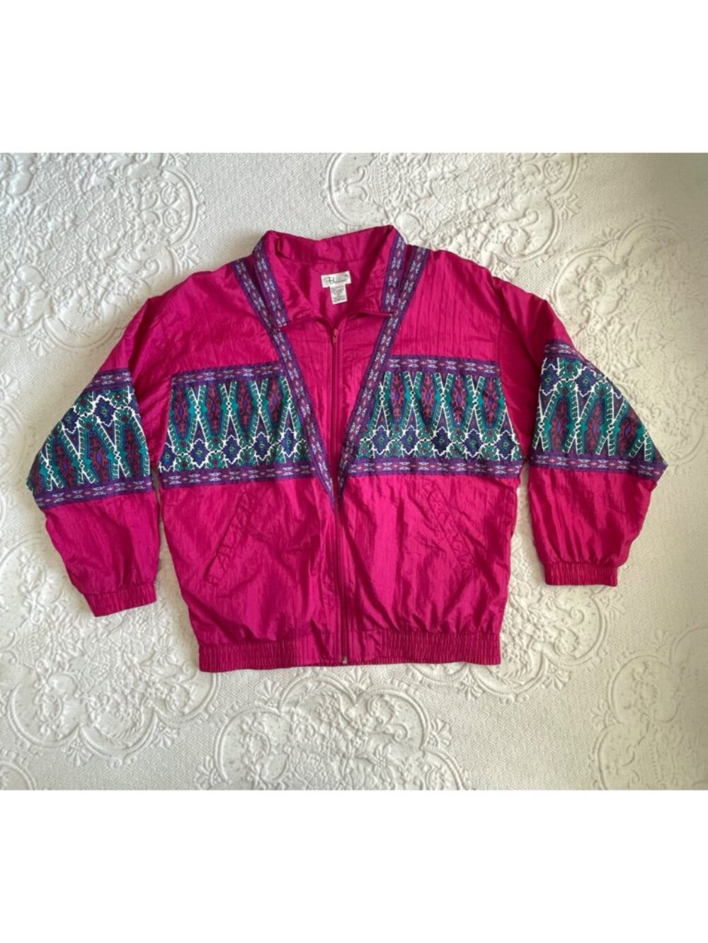 Vintage 1993 Bocco Colorful Aztec Ribbon 100% Nylon Lined Windbreaker Jacket LRG - Picture 6 of 14